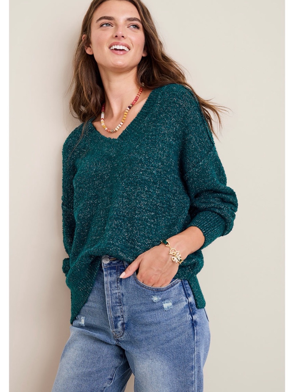 Francesca's Collections Emerald Green V-Neck Sweater